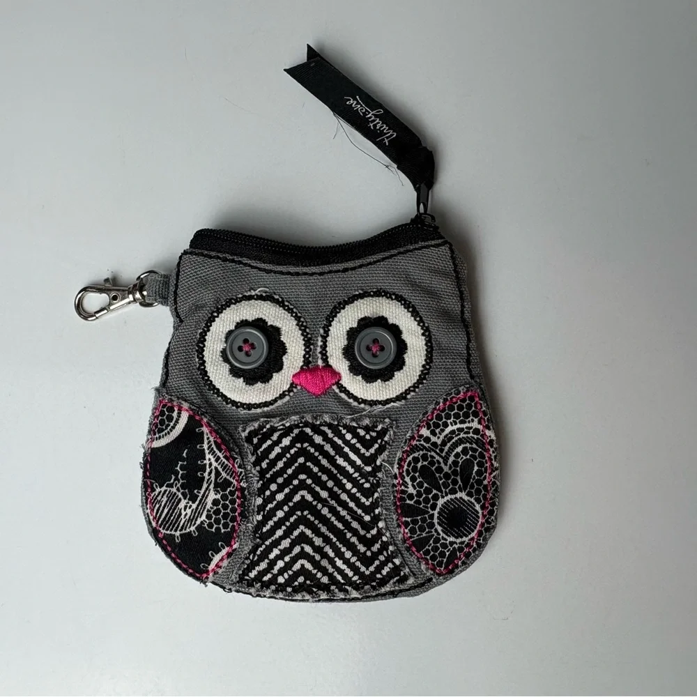 Thirty One Gifts gray, black, white and pink patchwork owl coin purse